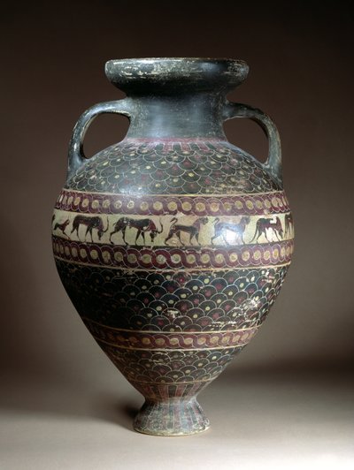 Lageramphore mit birnenförmigem Körper, verziert mit einem Fries von Tieren, Guilloche-Rändern und Registern mit Punktmuster, etruskisch-korinthisch, spätes 7. Jahrhundert v. Chr. von Etruscan